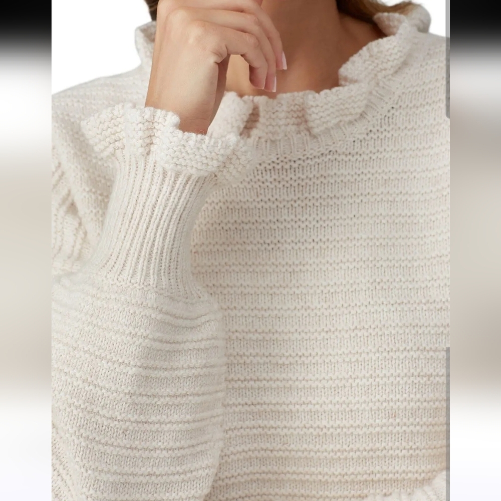 Madewell Ruffle Neck Pullover Sweater Small Cream Cotton Merino Wool Shrunk XXS